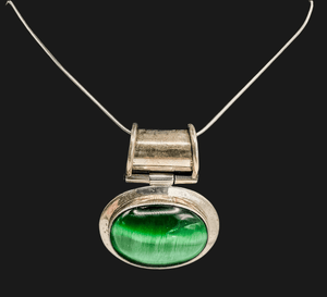 Handcrafted Large Oval Green Cat’s Eye Quartz Pendant in Sterling Silver Setting - jewelry - Jimi Fortune Jewelry services